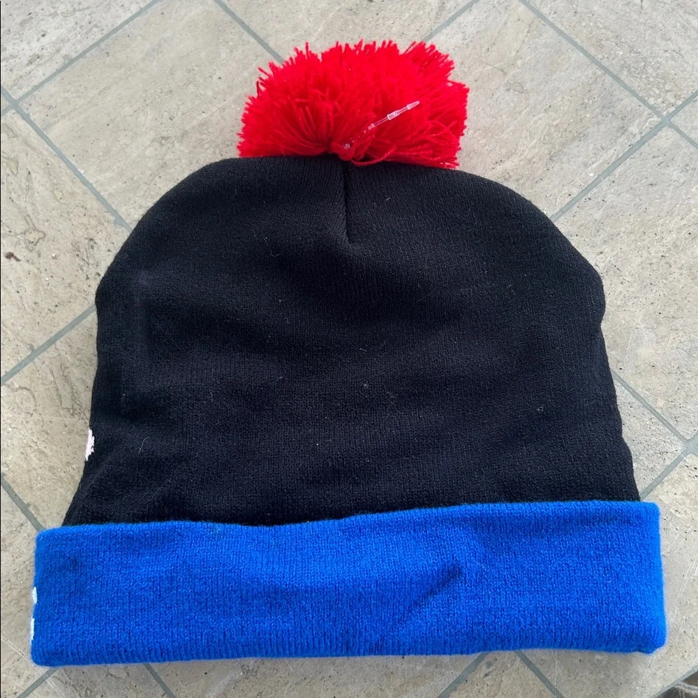Cool X-mas Black Knit Pom Beanie with Red Pom. Lights up with On/Off button